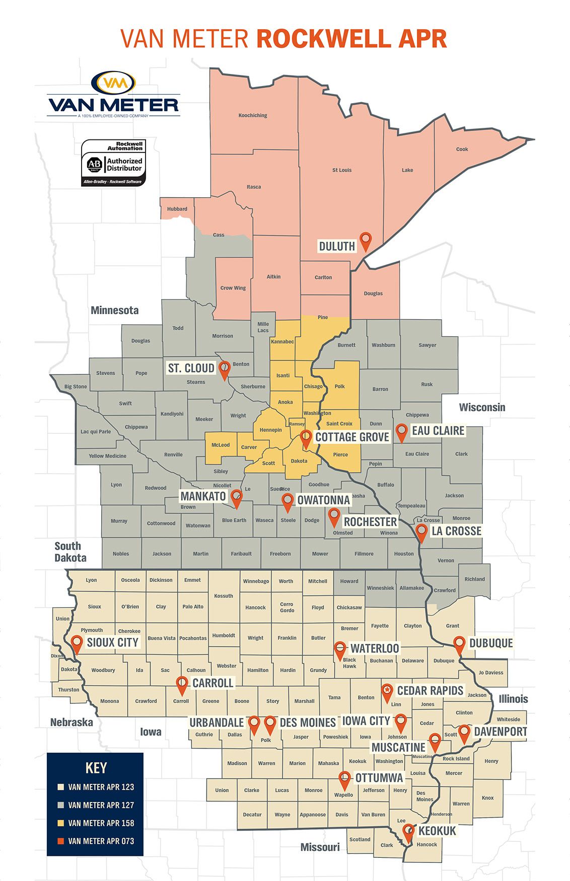 Van Meter's Rockwell sales territory now includes Koochiching, St Louis, Lake, Cook, Hubbard, Cass, Itasca, Crow Wing, Aitkin, Carlton, and Pine Counties in Minnesota and Douglas County in Wisconsin.