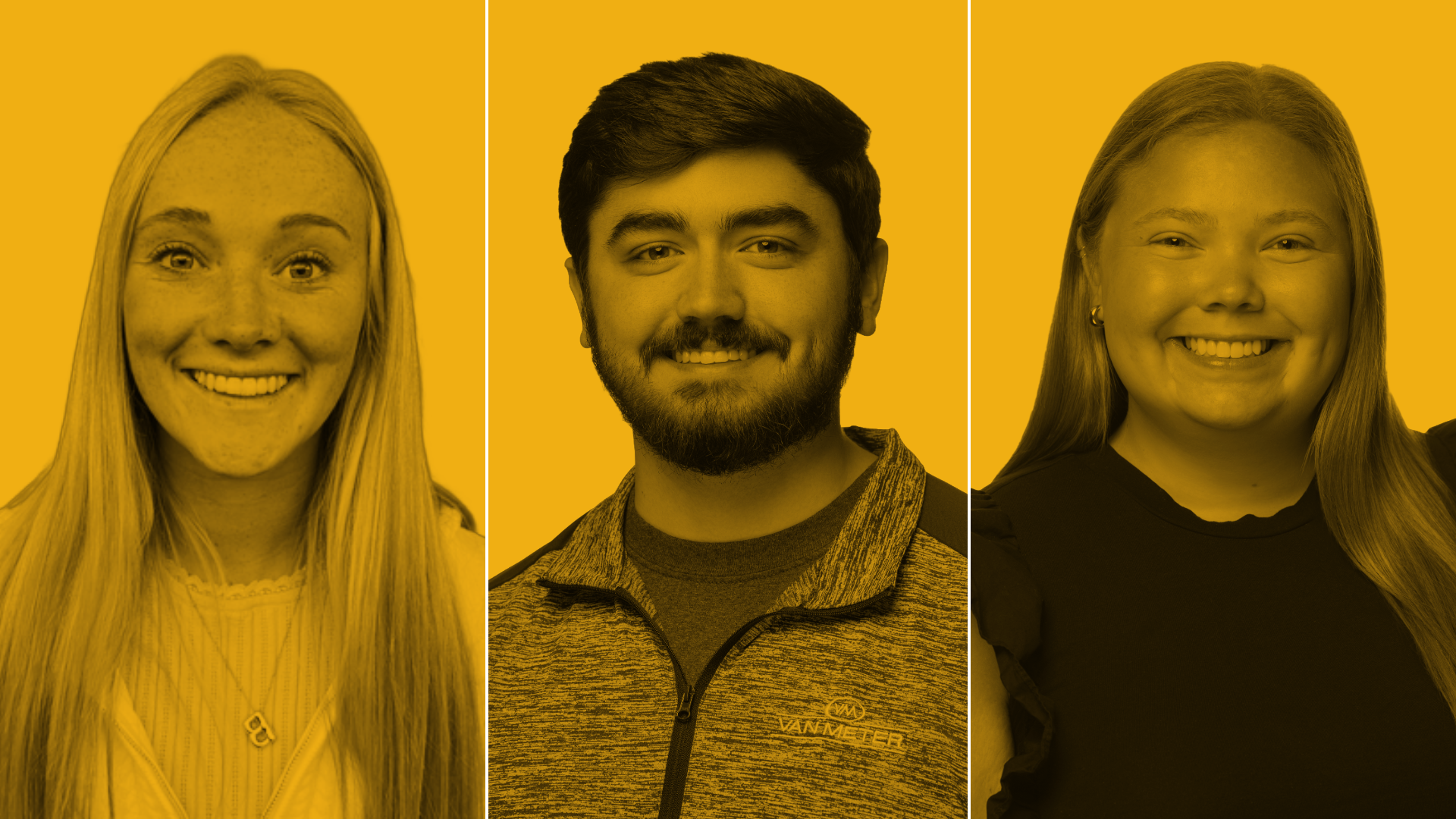 Three former Van Meter interns collaborating and learning on the job, representing their transition into full-time careers
